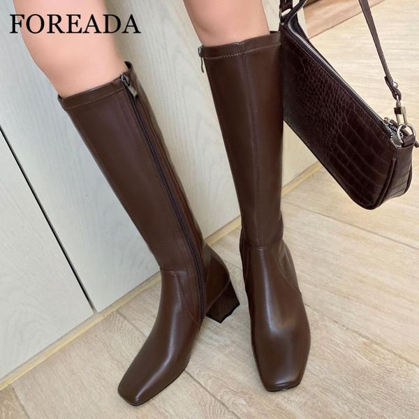 

boots foreada real leather woman high heel knee zip thick shoes square toe female long autumn black white
