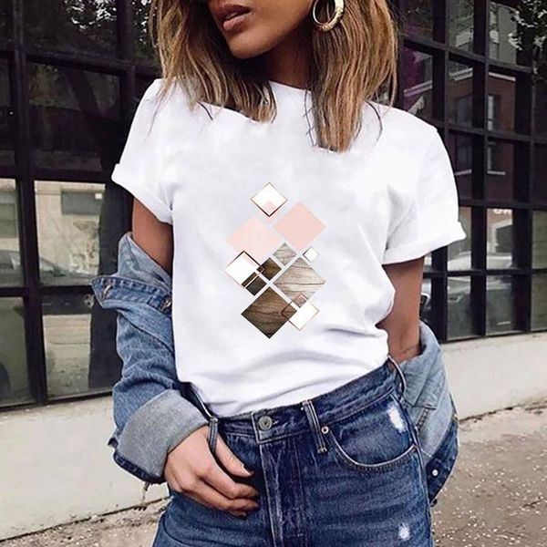 

women's t-shirt oversized fashion geometric graphic print tee shirt harajuku female round neck loose short-sleeved, White