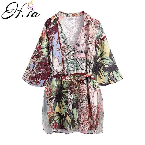 Hsa Lace Up Kimono Cardigan con scollo a V da donna Mini abito in cotone a maniche lunghe con cinturini Dresse Robe Style Summer Loose Vestidos 210716