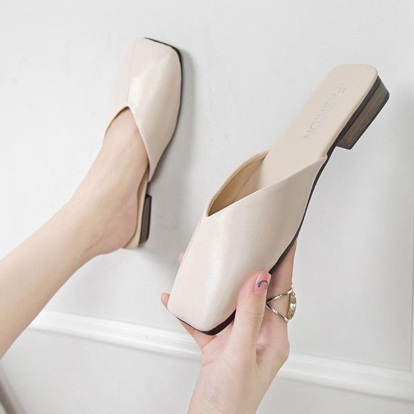 

slippers square head half female wearable fashion wild flat comfortable sexy, Black