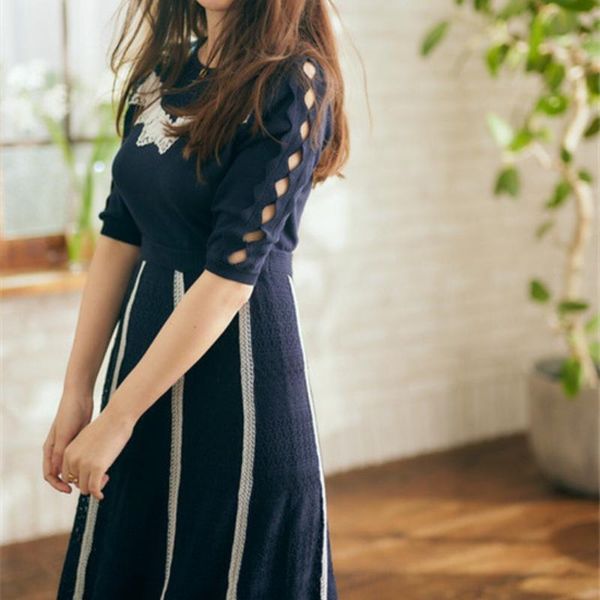 

party dresses chic lace hollow out design elegant midi dress o -neck half sleeve knitted patchwork female robe summer high waist slim vestid, White;black