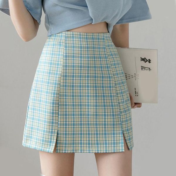 

korean women plaid skirts high waist mini a-line vitage skirt kawaii summer sweet students female above knee casual, Black