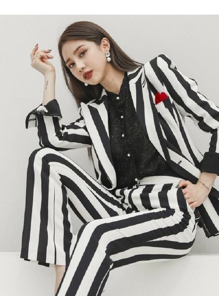

women's suits & blazers korean style spring and autumn double-breasted striped slim suit + straight pants p1wm, White;black