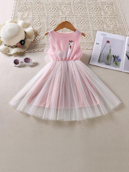

little girl swan and crown pattern mesh covered a-line dress she, Red;yellow