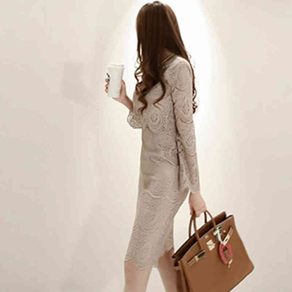 

dresses women knee-length lace elegant hollow out sheath pencil es korean simple long sleeve bodycon vestidos, Black;gray