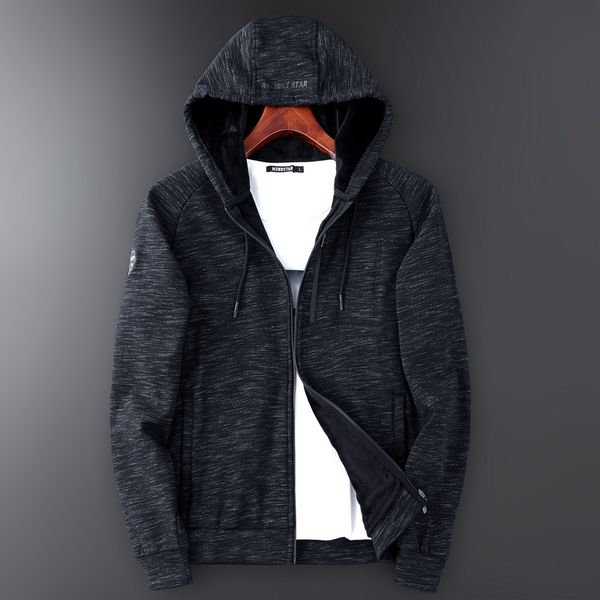 

cardigan sweater and autumn thin hooded zipper pure cotton plush thickened leisure sports men's coat spring, Black