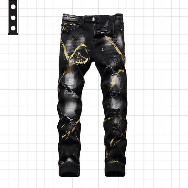 

men's jeans golden painted ripped denim streetwear holes destroyed stretch straight pants black male jean trousers, Blue