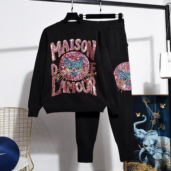 

women's two piece pants streetwear fashion black knitted tracksuits women outfits loose sequin cartoon sweater pencil knit set female, White