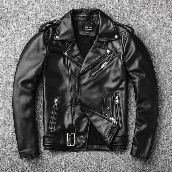 

men's leather & faux autumn fund first layer male sheep locomotive belt jacket lapels tide coat of, Black
