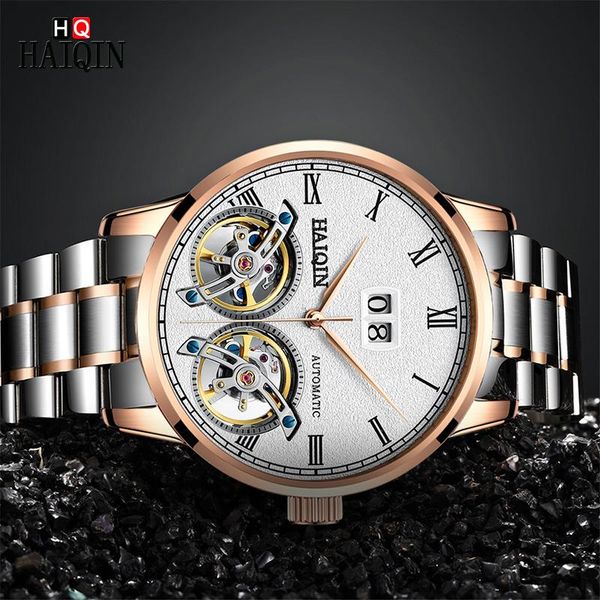 

wristwatches haiqin automatic men's watch stainless steel mechanical wristwatch double tourbillon waterproof men for watche, Slivery;brown