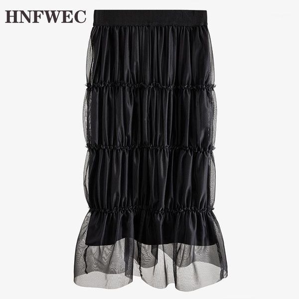 

skirts high elastic waist black mesh pleated stitch elegant half-body skirt women fashion tide spring summer 2021 u237