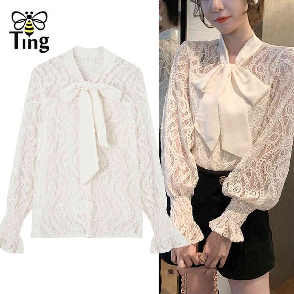 

spring sweety gilr bow neck lace embroidery blouse shirt women hollow out blusa feminina casual streetwear 210513, White