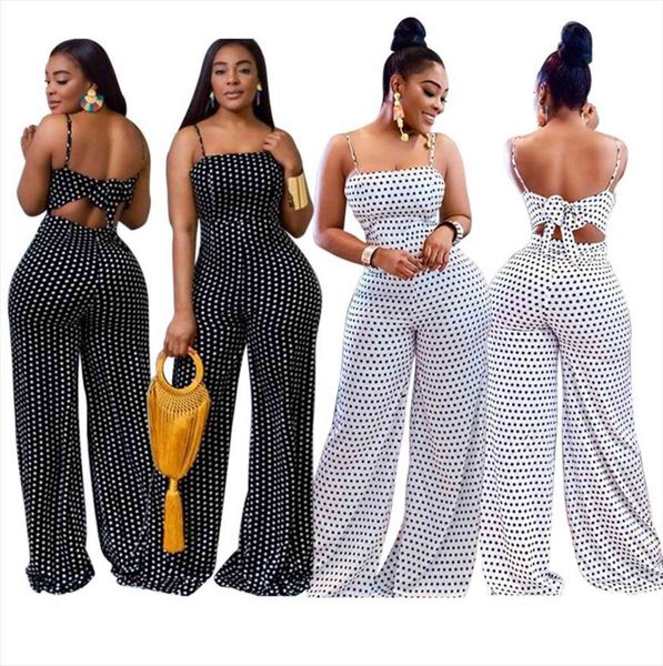 

white polka dot pattern casual womens rompers spaghetti bow back strapless sleeveless full length long pants, Black;white