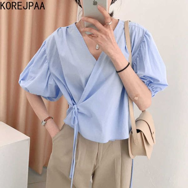 

korejpaa women shirt summer korean chic gentle temperament milk soft v-neck cross strap design puff sleeve blouse 210526, White