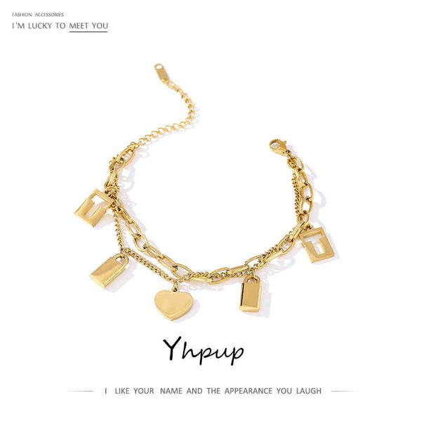 

bracelet yhpup pendant chain for women stainless steel metal romantic love lock jewelry charm bracelet bangle party, Golden;silver
