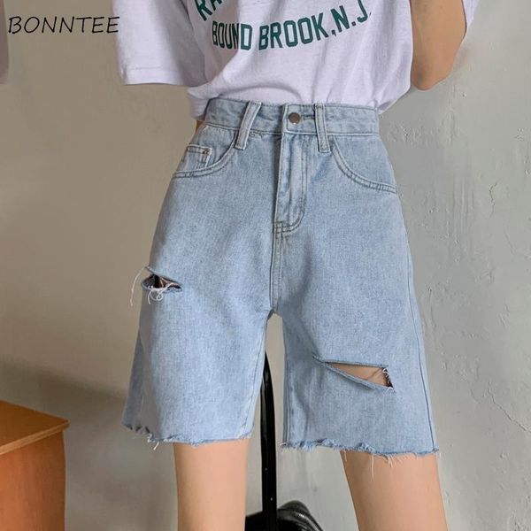 

women's shorts women summer all-match vintage hole simple solid soft pockets streetwear ulzzang chic denim leisure female clothing, White;black