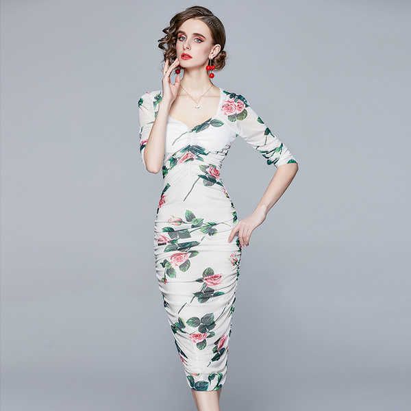 

spring runway floral printed bodycon dress women high waist draped mesh pencil dresses robes 210526, Black;gray