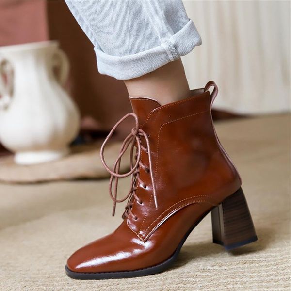 

boots cross tied real leather high heels ankle women shoes square toe chunky zip female short autumn brown black