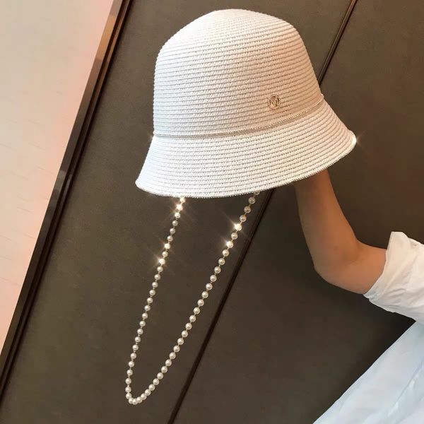 

small fragrance pearl chain basin bucket hat spring sun summer straw holiday female fisherman hat, Black;white