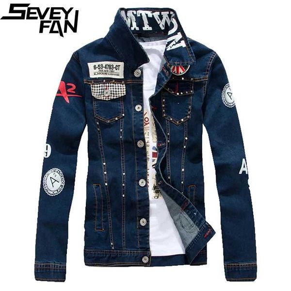 

men's punk rivets denim jackets fashion badges printed slim fit jean coat for youth, Black;brown