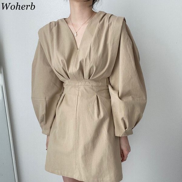 

chic dress for women korean clothing robe v-neck lantern sleeve mini dresses slim waist elegant mini vestidos mujer 210417, White
