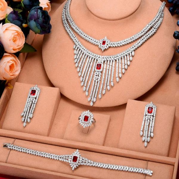 

tassels luxury african jewelry set for women wedding party zircon crystal dubai bridal gift earrings & necklace, Silver