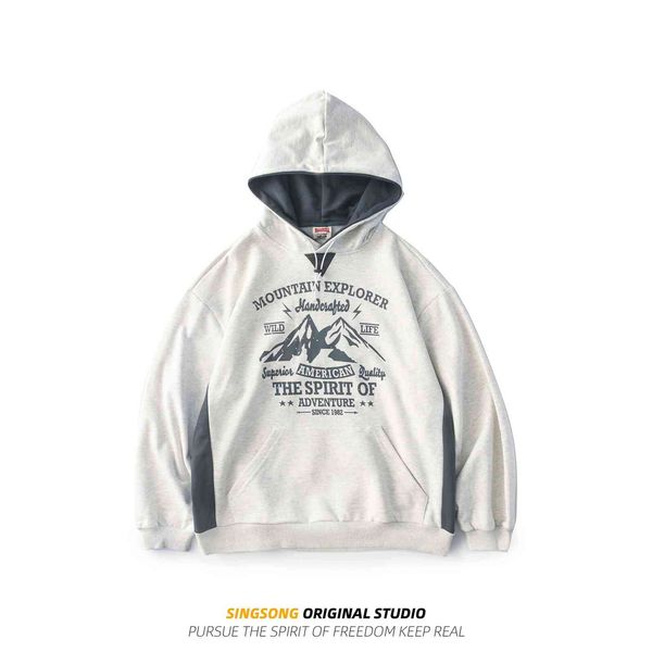 

the fine fleece hoodies sweater men's street fashion stitching contrast snow mountain letter print loose hooded sports coat, Black