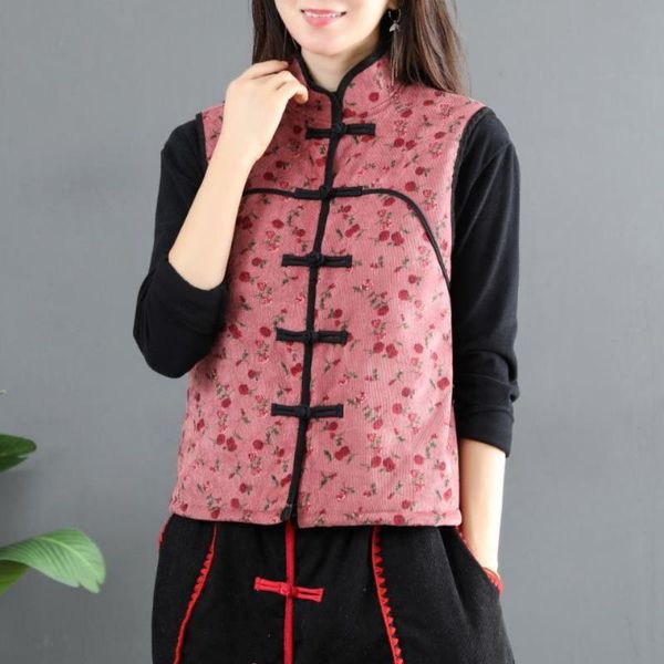 

ethnic clothing traditional women flower tang sleeveless vest jacket chinese female clothes casual print mandarin collar streetwear, Red