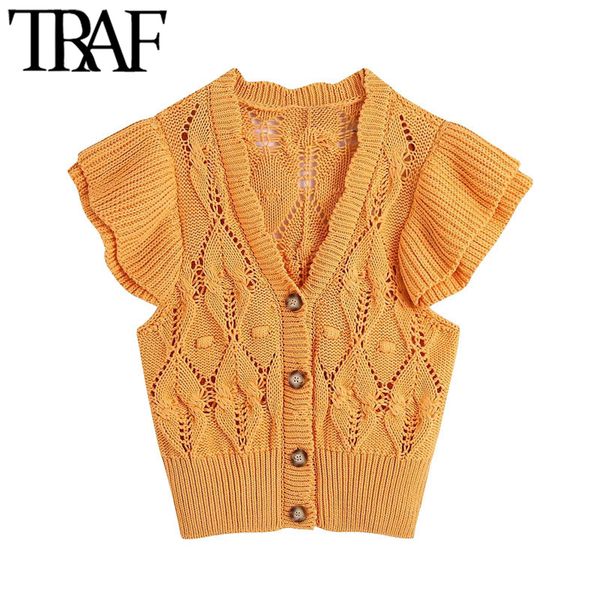 

traf women fashion with ruffles cropped knitted vest sweater vintage sleeveless button-up female waistcoat chic 210415, White