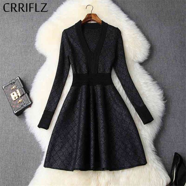 

medium length women knit dress bright silk winter full sleeve v-neck party cuaual slim a-line 210520, Black;gray