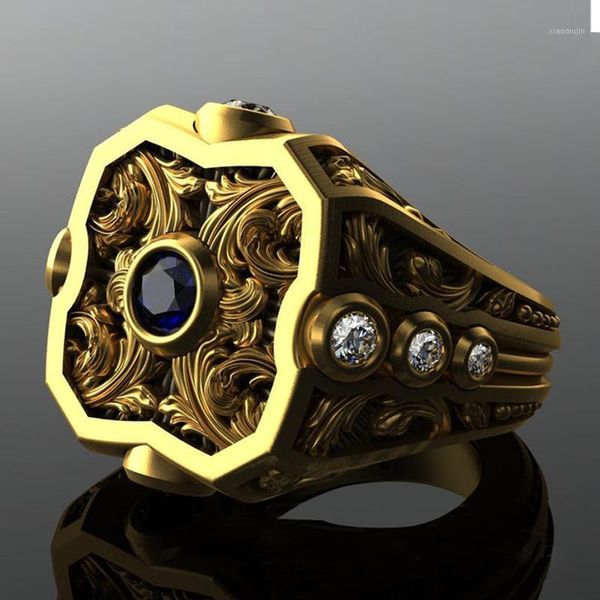 Cluster Ringe Mode Gold Muster Persönlichkeit Dominierende Herren Ring Luxus Blau Zirkonia Steampunk Biker Für Männer Partei Schmuck