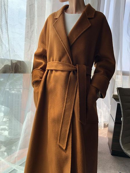 

women's fur & faux pure cashmere coat 100% double-sided water ripple hepburn style bathrobe, Black