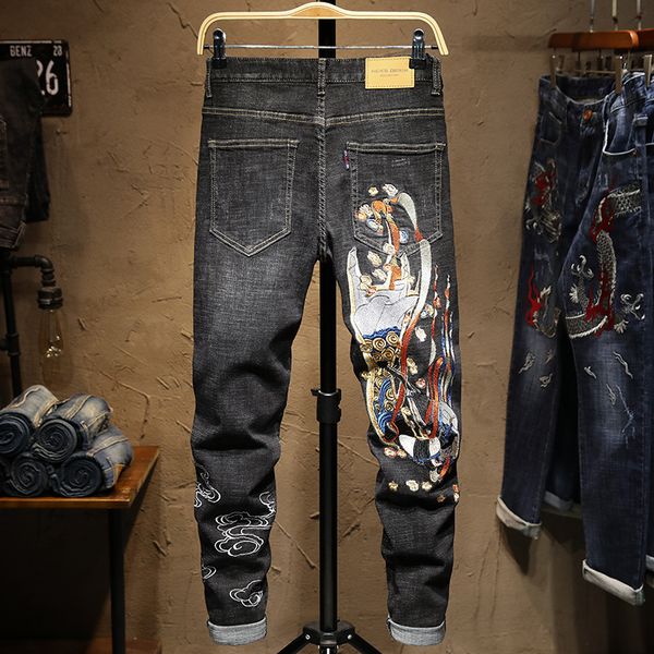 

fashion jeans design style 2 color small straight elastic embroidery slim pants 7761, Blue