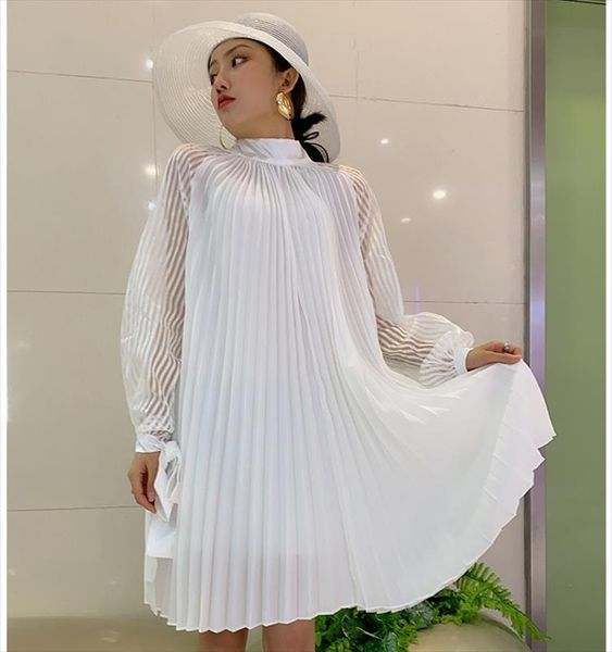 

fashion loose pleated white womens dresses plus size chic cute, Black;gray
