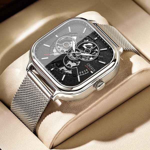 

wristwatches men's hollow out square watch, Slivery;brown