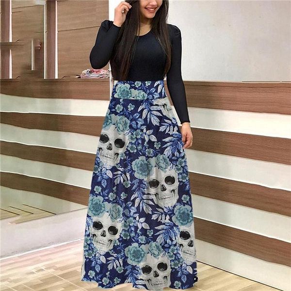 

casual dresses women long sleeve a-line bohemian dress halloween fashion print stitching o-neck large swing dress, 8 colors, s-xxl, Black;gray