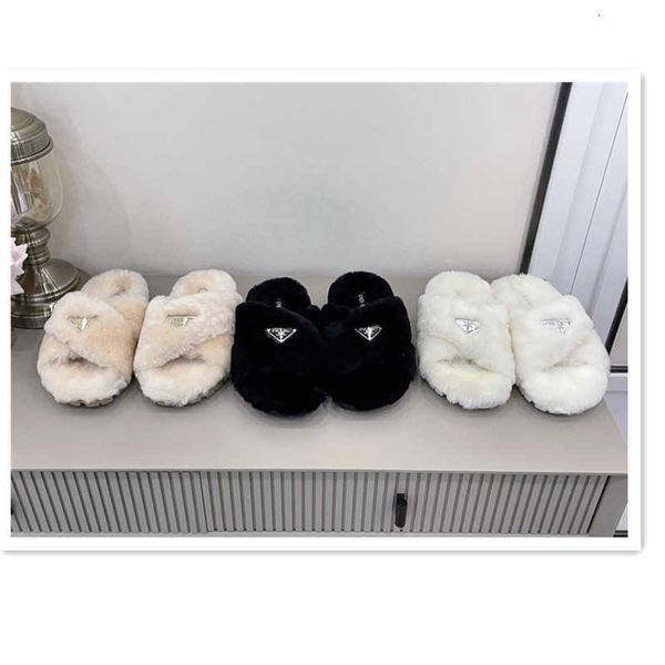 

in autumn winter of 2021, the p family triangular sho, wool flat bottom cross slippers and women's casual sho, Black