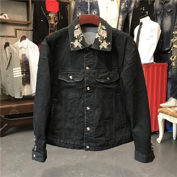 

men long sleeve back embroidery flowers leopard blind for love denim baseball coats & jackets abstract digital coat #n106 men's, Black;brown