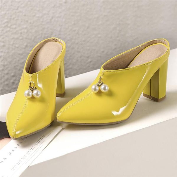 

slippers ladies mules shoes woman high heels outdoor spring summer chunky block heel patent leather slides pointed toe, Black