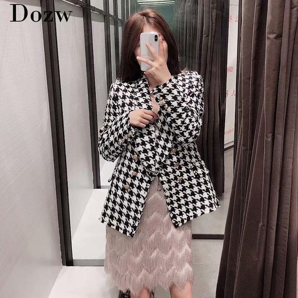 

fashion houndstooth blazer women elegant tweed coat casual double breasted suit jacket long sleeve female chaqueta mujer women's suits, White;black