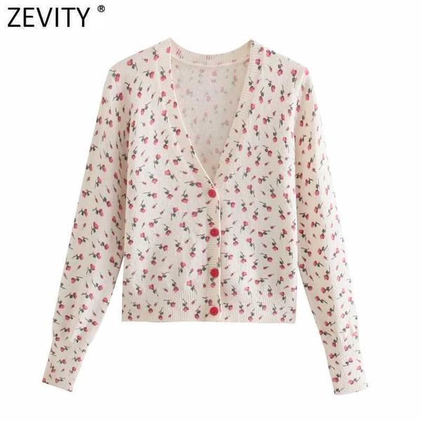 ZEVITY Kadınlar Moda Çiçek Jakarlı Kırpılmış Örme Kazak Kadın Vintage Uzun Kollu Giyim Chic Hırka Tops S719 210603