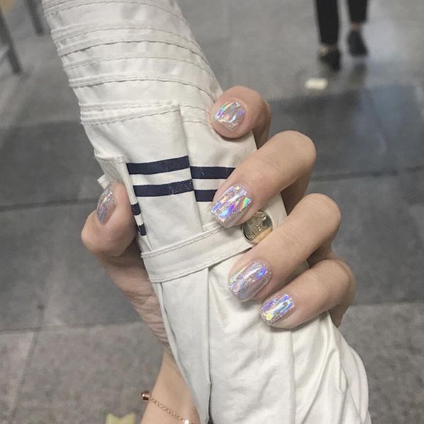 

false nails fake nail colorful glittering glass wear art finished pieces 24 of tape with glue cin6 899, Red;gold