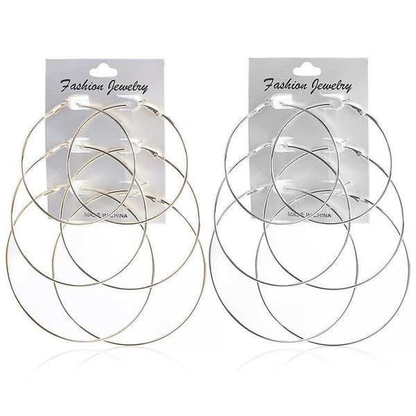 

hoop & huggie 3pairs/set women earrings large plain circle hoops round girls party, Golden;silver