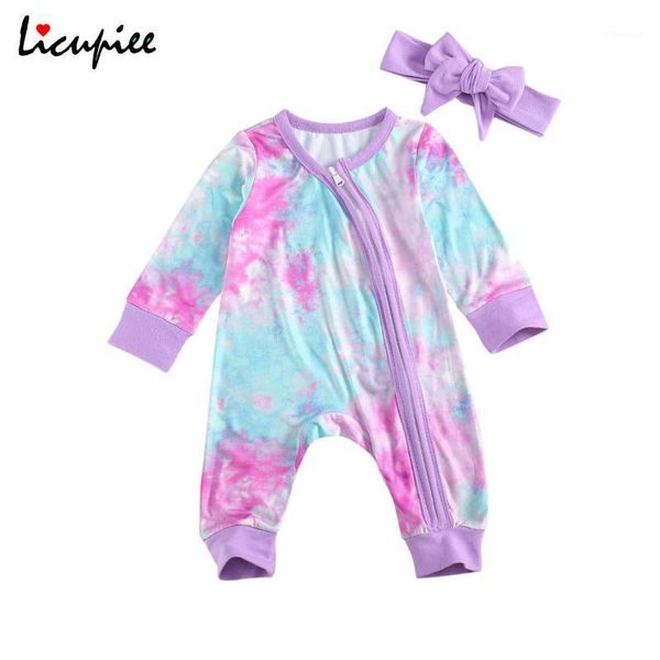 

jumpsuits born girls boys romper, children's tie-dyed diagonal zipper long sleeve and pants jumpsuit with bow headband 0-18 months, Blue