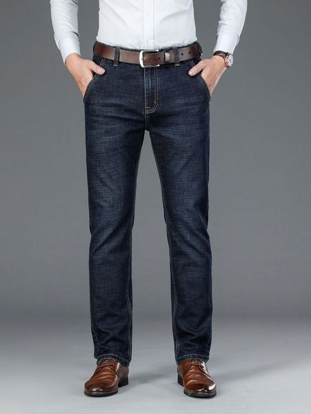 

men slant pocket straight leg jeans without belt r9p9#, Blue