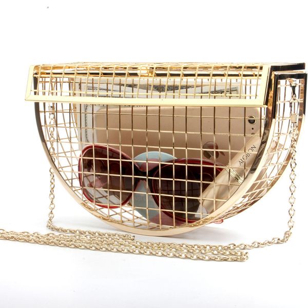 

fashion evening bag half round metal dinner single shoulder chain personalized mini cage