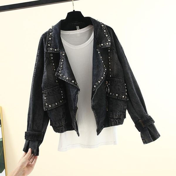 

women's jackets women oversize denim jacket rivets baggy boyfriend casual jeans outerwear coat ladies beads loose high street, Black;brown