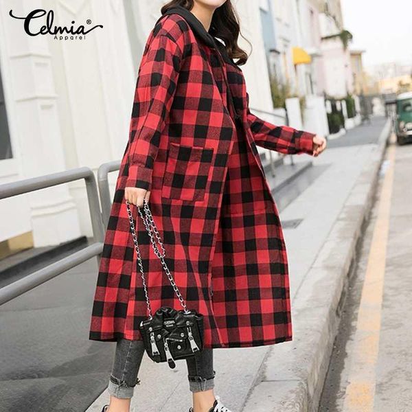 Celmia Hoodies Langer Mantel Casual Frauen Ärmel Rot Plaid Kariert Hoody Mantel 2021 Herbst Mode Tasten Jacken Outwear Frauen