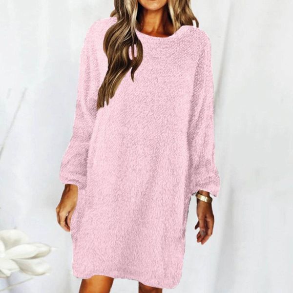

casual dresses women's for women solid color round neck long sleeve loose plush sweater dress vestido de mujer vestidos, Black;gray