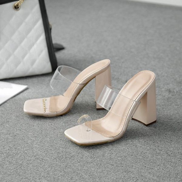 

slippers shoes transparent women heels rubber flip flops rivet slides square heel high hawaiian block pu pvc fabric rome super, Black